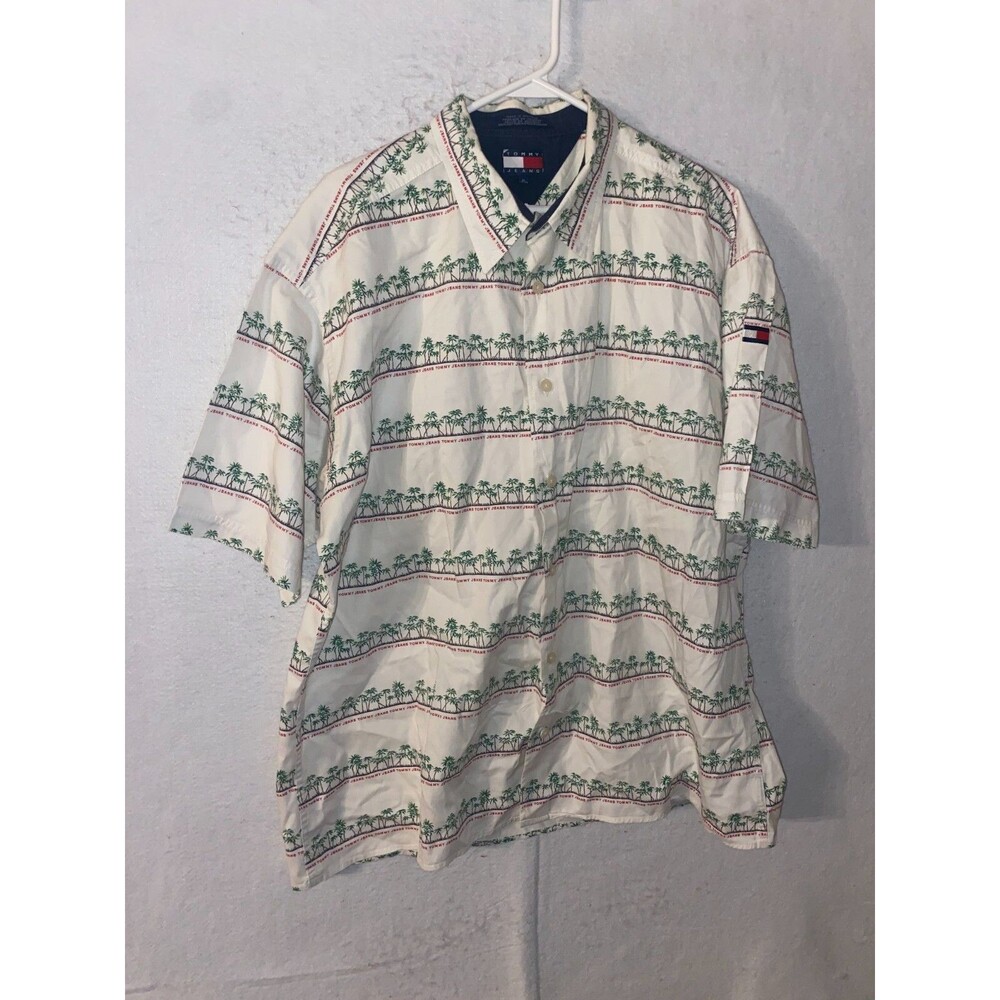 Tommy Hilfiger Shirt Mens XL All Over Tommy Hilfiger Logo Tropical Palm Pattern